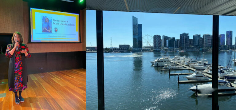Left: Philippine Consul General Maria Lourdes Salcedo delivering the opening remarks. Right: the venue, the Library at the Docks, is a waterfront community space in Melbourne that provided a setting for the appreciation of maritime awareness.