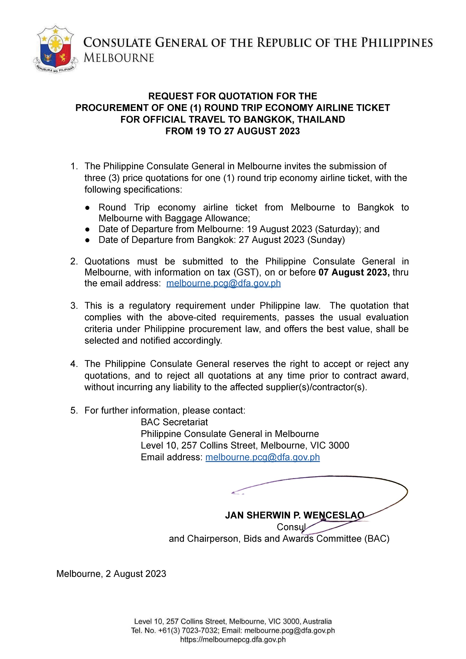 One (1) Round Trip Economy Airline Ticket for Official Travel to Bangkok,  Thailand - Philippine Consulate General in Melbourne